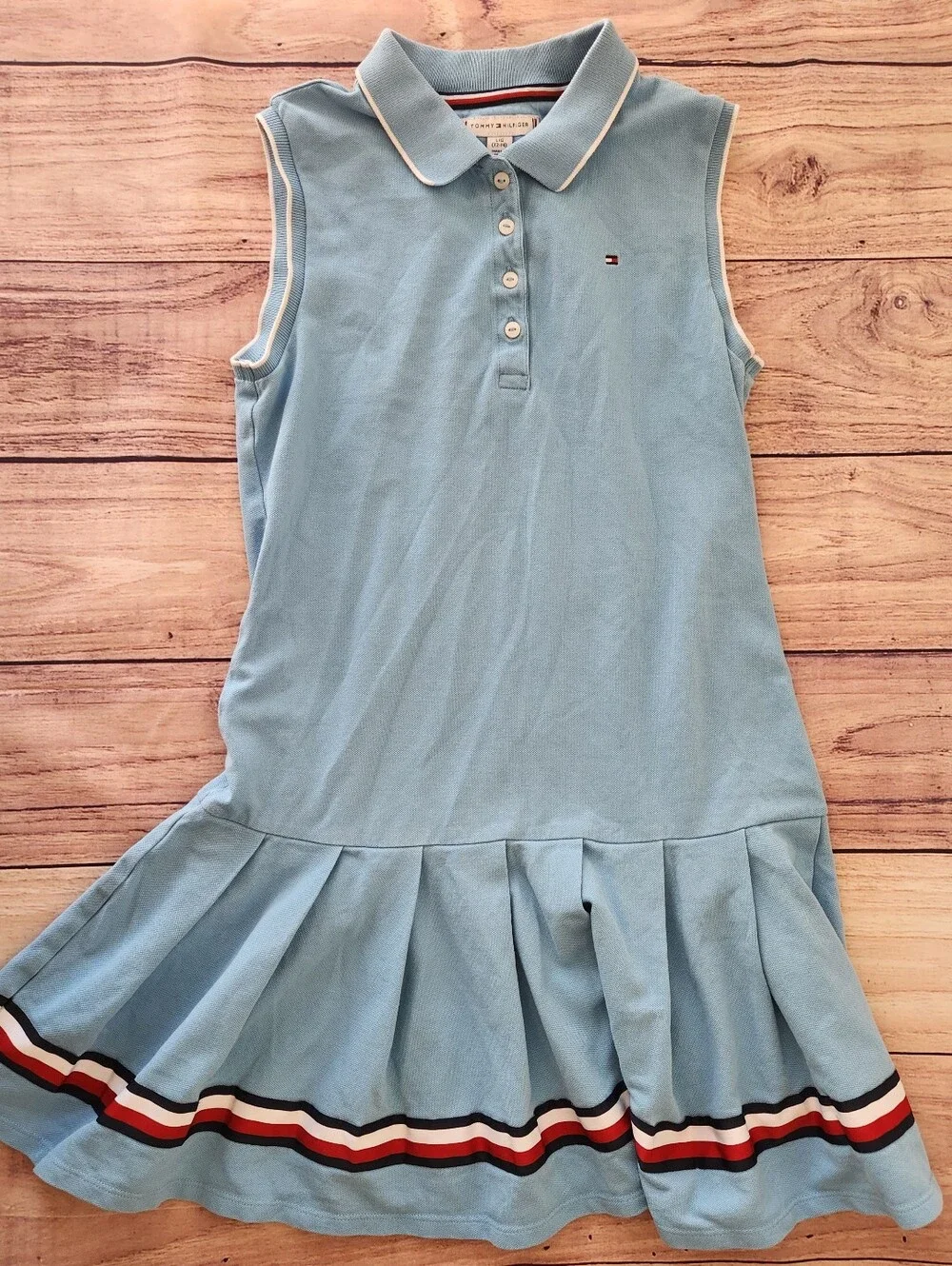 Tommy Hilfiger Girls Sleeveless Pleated Polo Dress Light Blue Size 12/14